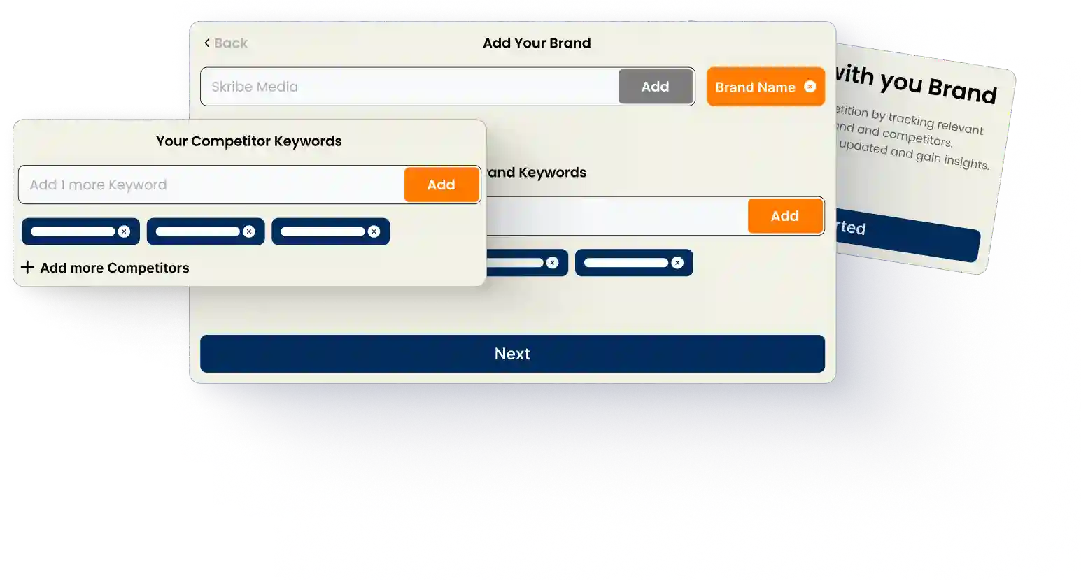 User interface for customizing media pitches with brand and competitor keyword inputs on Skribe's media intelligence platform.