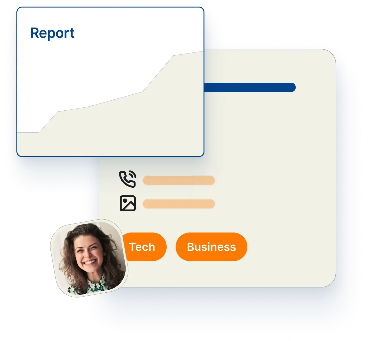 Visual of weekly media report with profile image and tags for tech and business beats